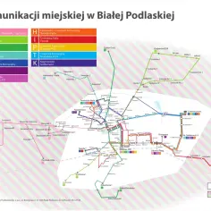 Mapa komunikacji miejskiej w Białej Podlaskiej z zaznaczonymi trasami autobusów i przystankami.